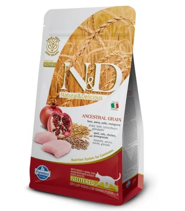 Farmina n&d low grain gatto neutered farro avena pollo melograno 300 gr