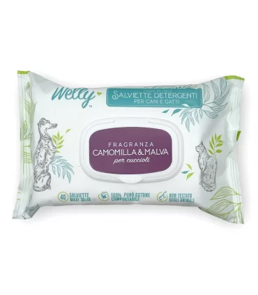 Welly salviette detergenti camomilla e malva per cuccioli 40 pz