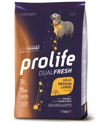 Prolife cane dualfresh adult bufalo agnello & riso medium large 12 kg