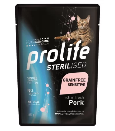 Prolife gatto sterilised adult grainfree sensitive maiale bustina 85 gr