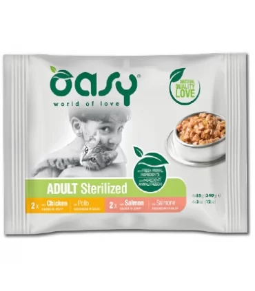 Oasy gatto wet adult sterilized pollo e salmone multipack 4x85 gr