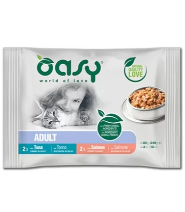 Oasy gatto wet adult tonno e salmone multipack 4x85 gr