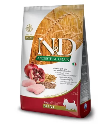 Farmina n&d ancestral grain cane mini farro avena pollo e melograno 800 gr