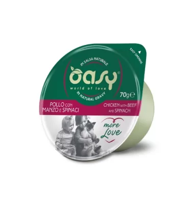 Oasy gatto more love pollo con manzo e spinaci cup 70 gr