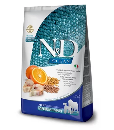 Farmina n&d ocean low grain adult medium maxi merluzzo farro avena e arancia 2,5 kg