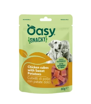 Oasy cane snacky cubetti di pollo con patate dolci 80 gr